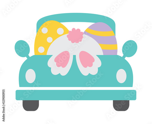 Cute vintage truck with Easter bunny and Easter eggs vector illustration.