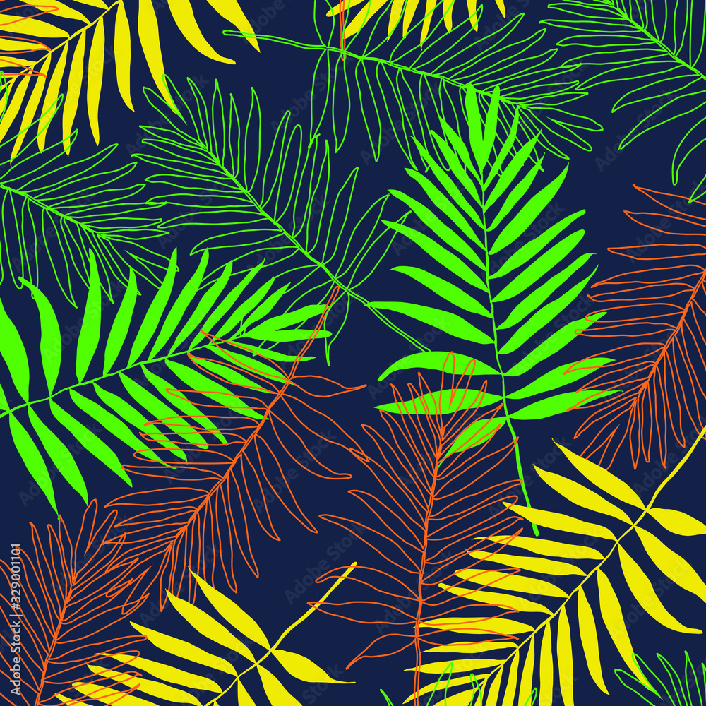 Tropical palm leaves, jungle leaves vector floral pattern background