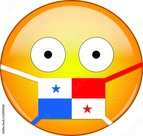 Yellow scared emoji in Panamanian medical mask protecting from SARS, coronavirus, bird flu and other viruses, germs and bacteria and contagious disease as well as toxic smog in Panama.