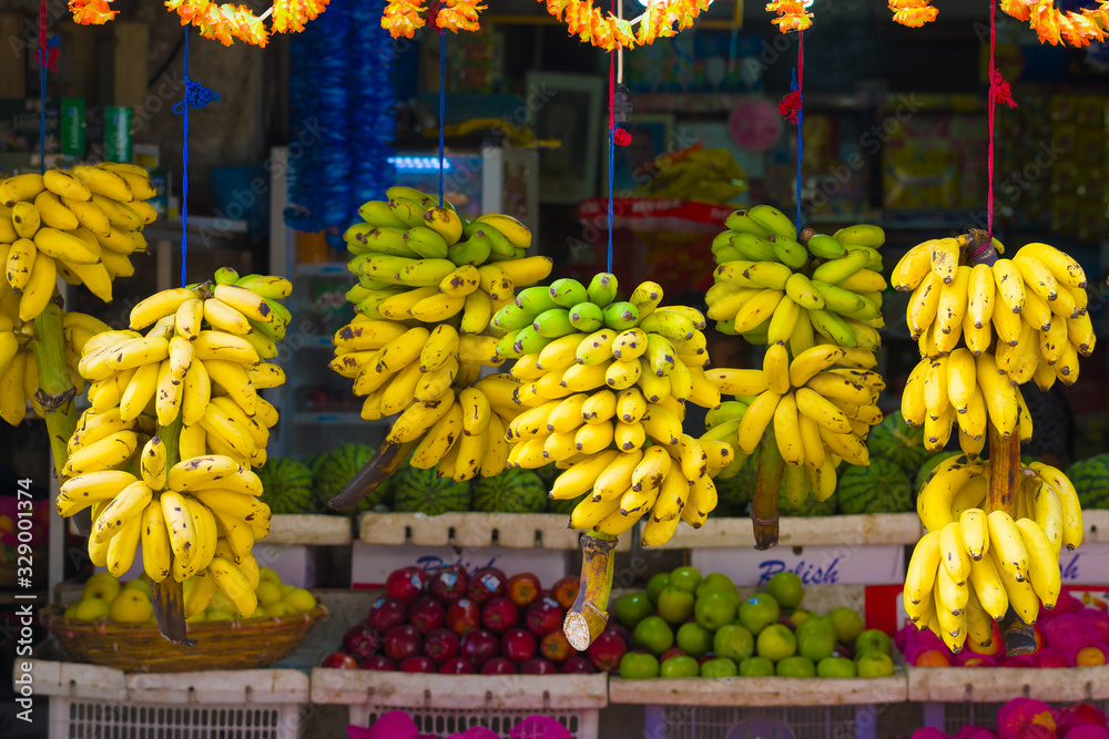 Bananas hanging for sale close-up. Sri Lanka