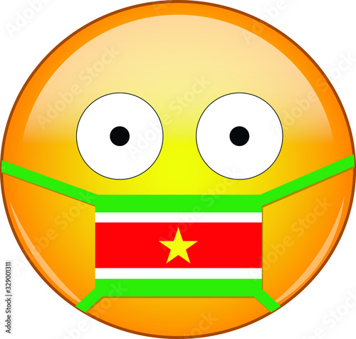 Yellow scared emoji in Surinamer medical mask protecting from SARS, coronavirus, bird flu and other viruses, germs and bacteria and contagious disease as well as toxic smog in Suriname.