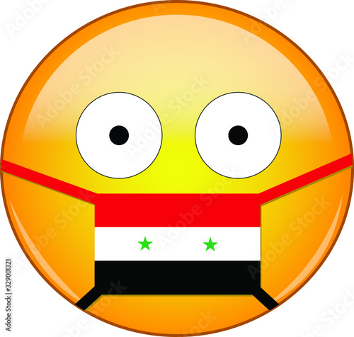 Yellow scared emoji in Syrian medical mask protecting from SARS, coronavirus, bird flu and other viruses, germs and bacteria and contagious disease as well as toxic smog in Syria.