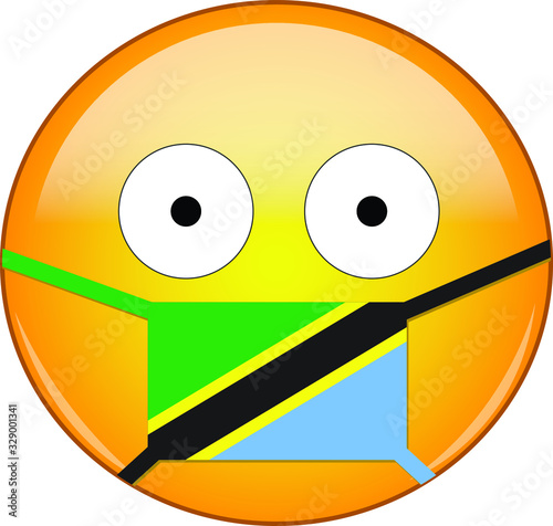 Yellow scared emoji in Tanzanian medical mask protecting from SARS, coronavirus, bird flu and other viruses, germs and bacteria and contagious disease as well as toxic smog in Tanzania.