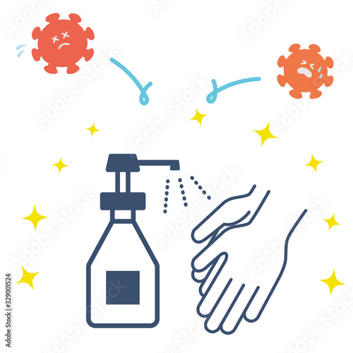 アルコール消毒　コロナウイルスを防ぐ　イラスト