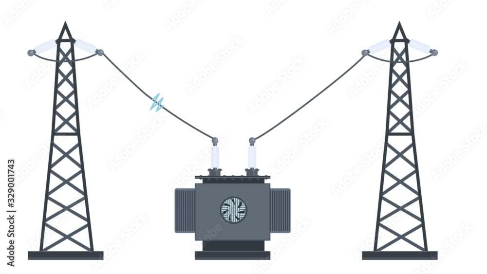 Electrical transformer. Power line, animation with alpha channel enabled. Cartoon