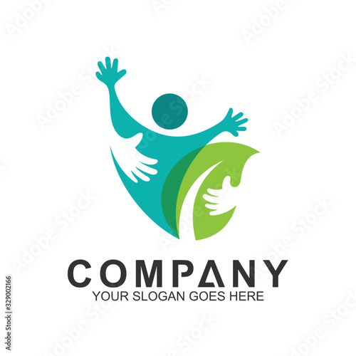 human care logo, healthy people icon, vector logo of hand with happy people and leaf