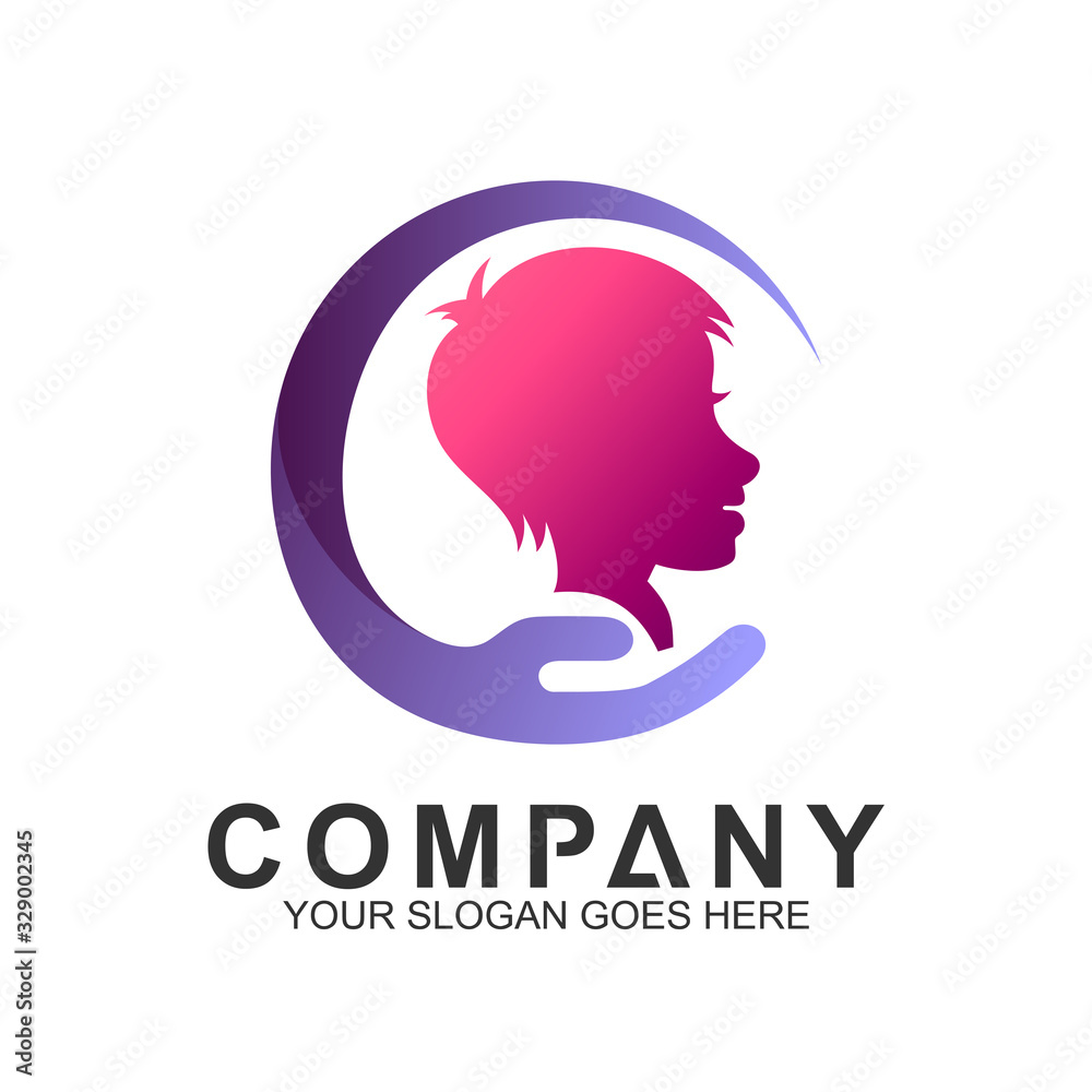 human health and care logo. vector logo template of hand with people in circle shape
