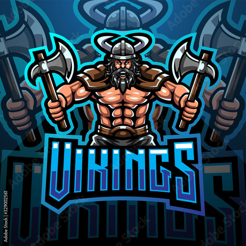 Viking mascot gaming logo design holding axe