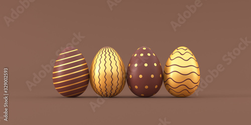 Photography Set of chocolate easter eggs with golden patterns on beige background