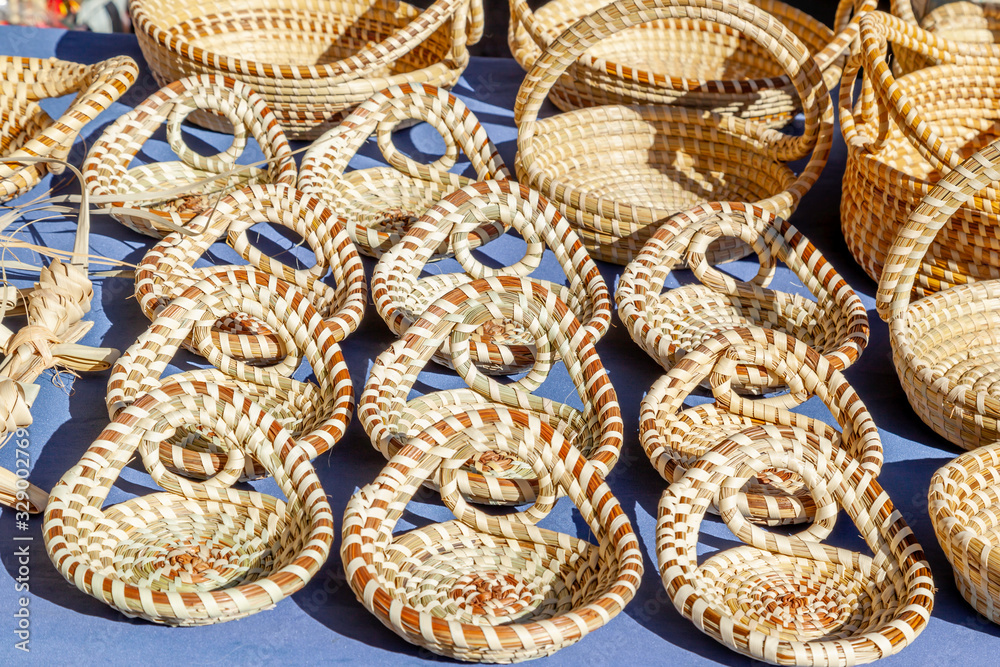 Sweetgrass Baskets, beautiful handicrafts of African origin, on display
