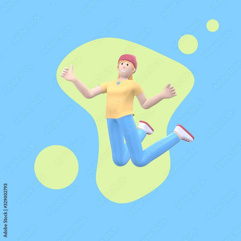 Positive character in colored clothes on an abstract stain background. Young cheerful hipster girl runs, dances, jumps, levitates and flies. Funny cartoon people. 3D rendering.