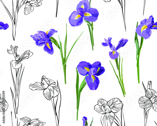 Irises flowers vector seamless background pattern hand drawn. Vector illustration. Textile design, wrapping paper.
