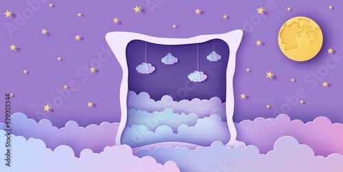 Night sky clouds frame like pillow in paper cut style. Cut out 3d background with violet and blue gradient cloudy landscape with gold stars and full moon papercut art. Cute vector origami clouds.