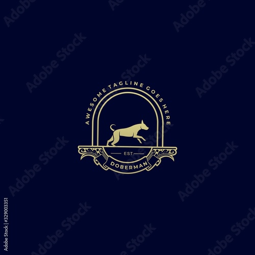 Vector Logo Illustration Doberman Dog Vintage Badge Style.