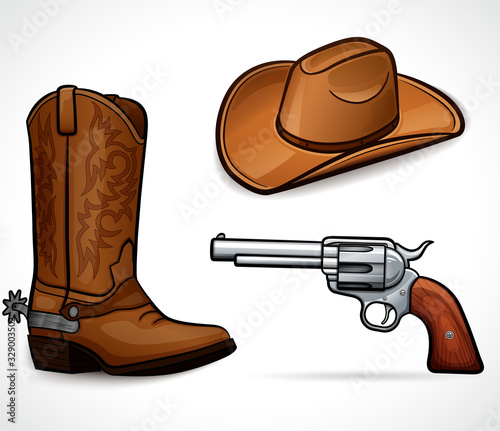 Cowboy hat, boots and revolver