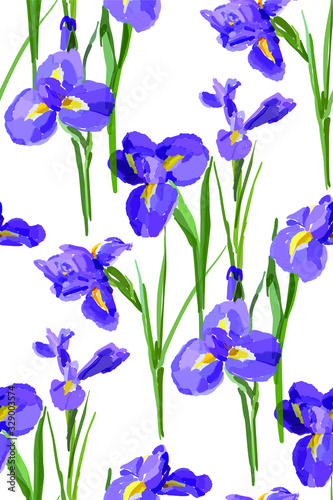 Fototapeta Naklejka Na Ścianę i Meble -  Irises flowers vector seamless background pattern hand drawn. Vector illustration. Textile design, wrapping paper.