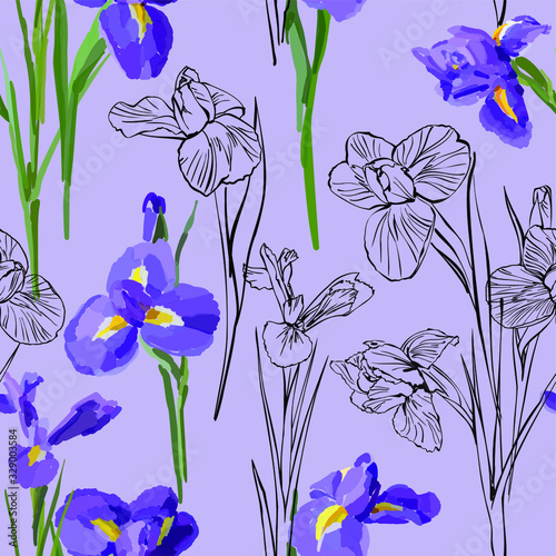 Irises flowers vector seamless background pattern hand drawn. Vector illustration. Textile design, wrapping paper.