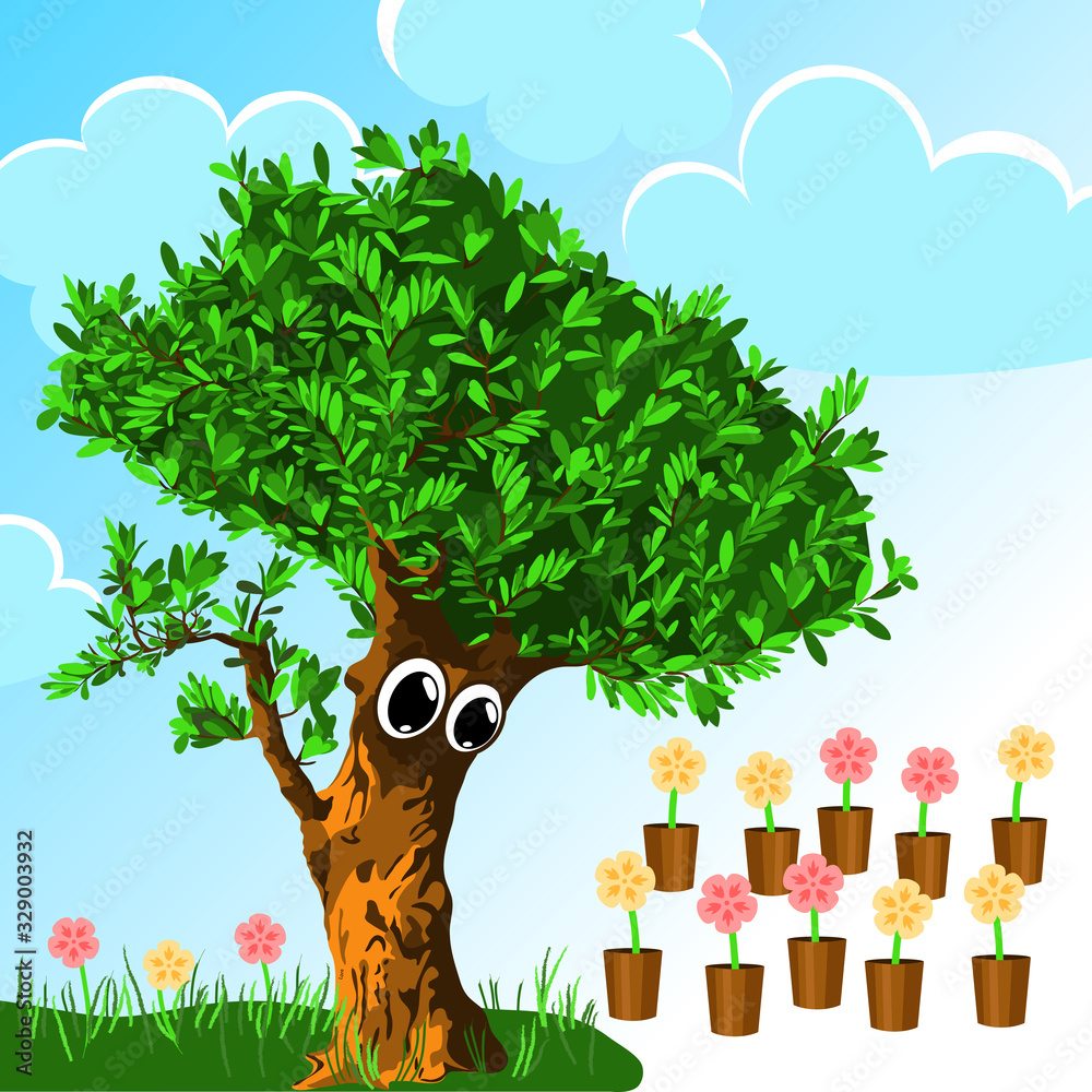 comfort zone. surprised tree looking at potted flowers. sky background ...
