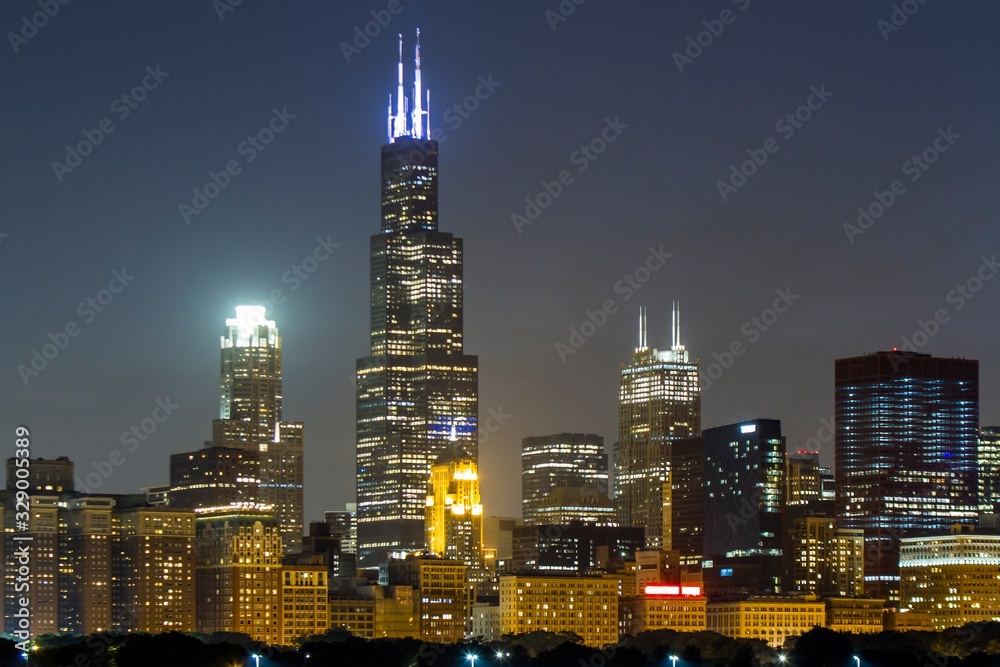 Naklejka premium Beautiful view of Chicago skyline at night, Illinois, USA