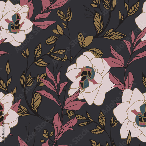 Dark violet flowers of roses and peonies with leaves and petals on a dark gray background. Seamless pattern. Vector illustration with hand-drawn plants. © Galina Trenina