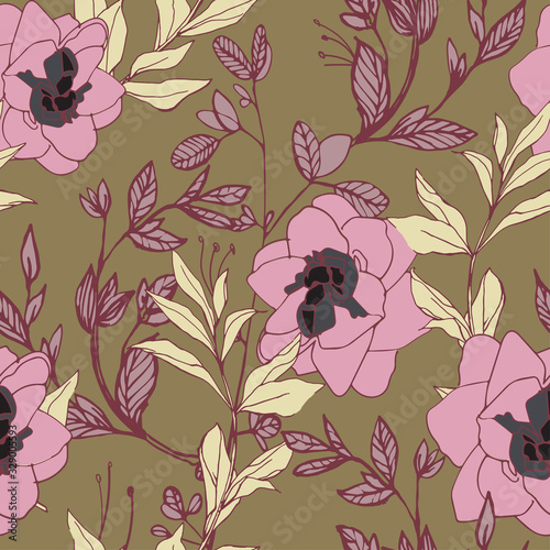 Dark violet flowers of roses and peonies with leaves and petals on a dark gray background. Seamless pattern. Vector illustration with hand-drawn plants.