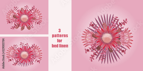 Pink tropical flowers patterns set for bed linen