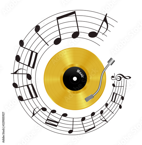 Gramophone and notes, gold vinyl record