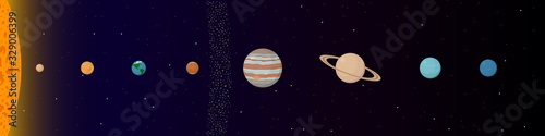 Sun, planets and asteroid belt. Vector illustration.