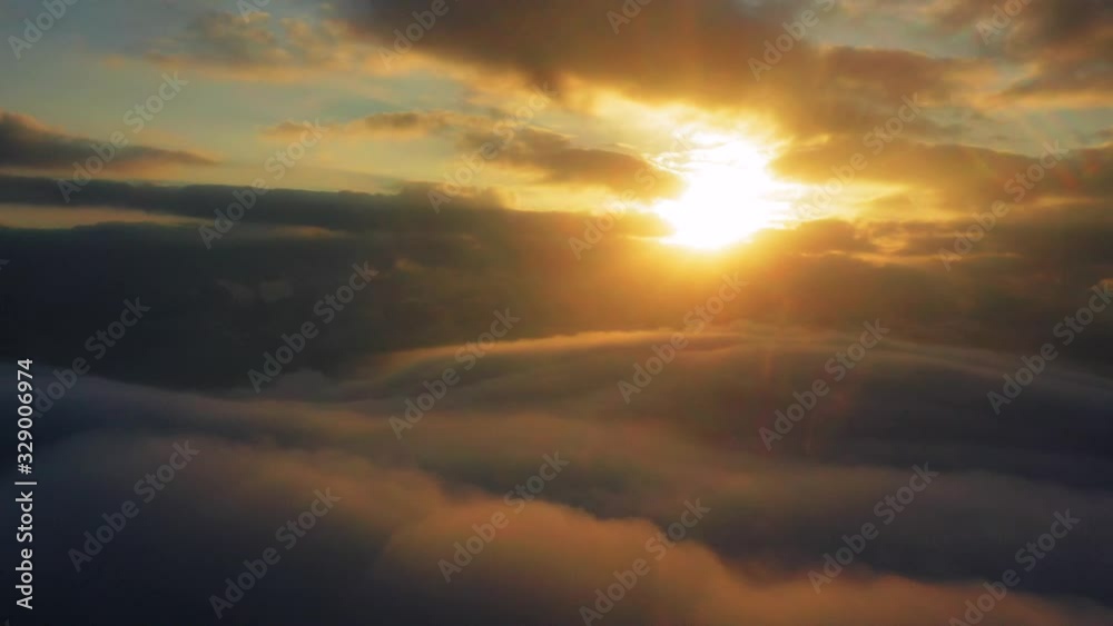 Aerial sunset panorama view above massive clouds and fog above Tai Mo Shan Aerial sunset panorama view above massive clouds and fog above Tai Mo Shan