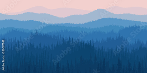 Hills and mountains covered by forest, taiga. Dawn, the light of sunrise. Fog, morning haze.