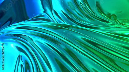 3D render beautiful folds of light shiny silk, like foil or metallic surface in full screen. Beautiful clean fabric background. Simple soft background with smooth folds and blue green color gradient