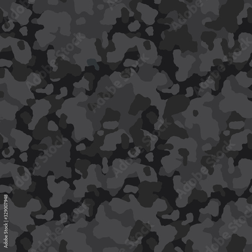 Camouflage pattern background, seamless vector illustration. Classic clothing style masking dark camo, repeat print. Grey and black texture