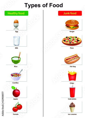 Types of food list vector illustration. Good food and bad food
