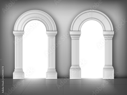 Arches with columns in wall, interior gates with white pillars in palace or castle, archway frames, portal entrance, antique doorway with sun light going from outside. Realistic 3d vector illustration