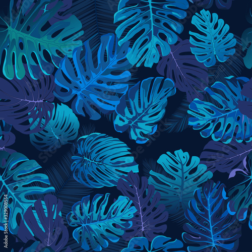 Seamless tropical vector pattern with tropical plants. Exotic background with monstera leaves. Fashion jungle print for design.