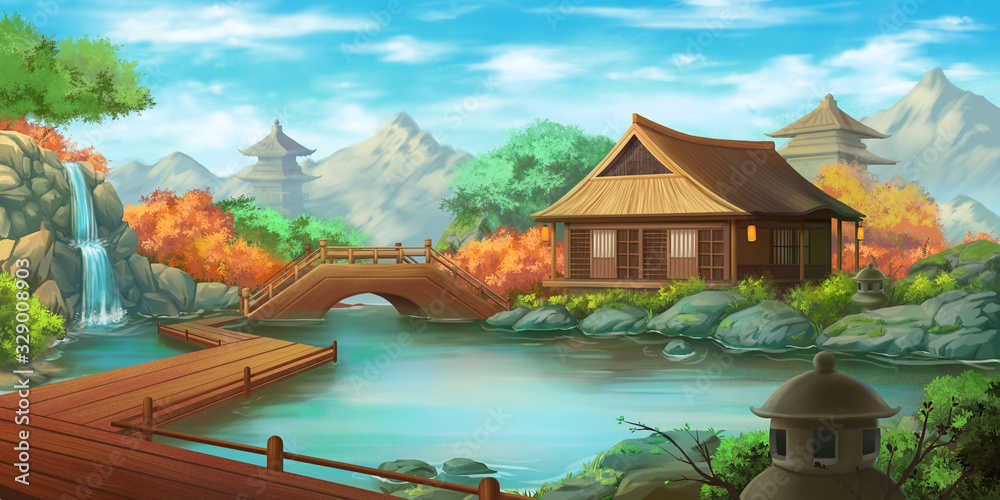 Beautiful Japanese Courtyard Landscape in a Bright Day. Fantasy Backdrop. Concept  Art. Realistic Illustration. Video Game Digital CG Artwork Background.  Nature Scenery. Stock Illustration | Adobe Stock