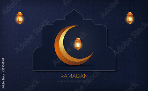 Lantern Hanging Above The Crescent Moon. Ramadan Kareem Islamic Greeting Card Background	