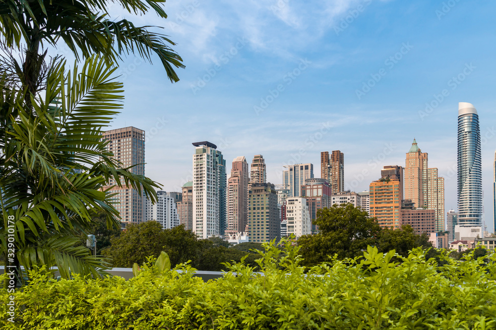 Fototapeta premium Cityscape of picturesque Bangkok at daytime from rooftop. Panoramic skyline of the biggest city in Thailand. The concept of metropolis. Unique green Asia.