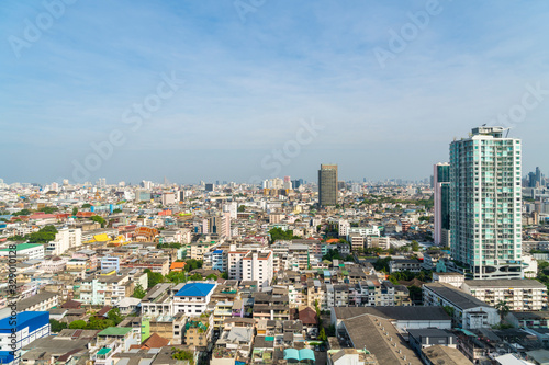 Cityscape of picturesque Bangkok at daytime from rooftop. Panoramic skyline of the biggest city in Thailand. The concept of metropolis. Unique Asia.