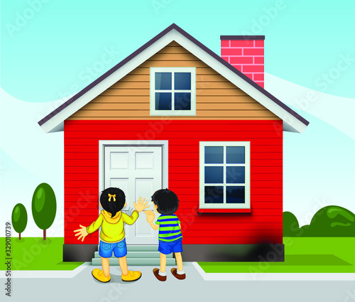  kids knocking the door of house. Home vector illustration