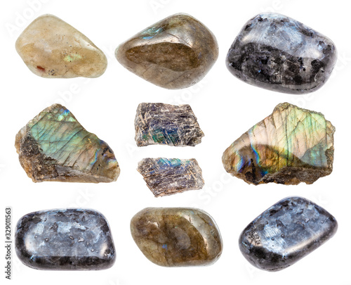 set of various Labradorite gemstones isolated photo