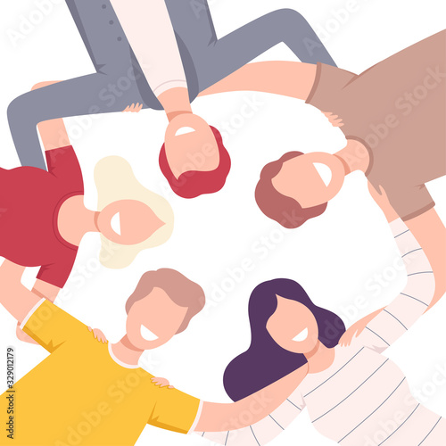 Group of Happy People Standing Together Forming Circle, Low Angle View Flat Vector Illustration