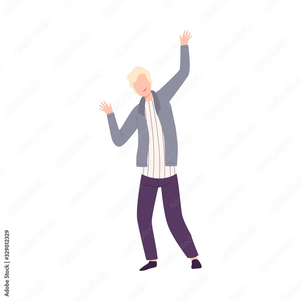 Young Man Standing with Raising Hands, Faceless Male Character Dancing at Party, Having Fun or Celebrating Success Flat Vector Illustration Young Man Standing with Raising Hands, Faceless Male Character Dancing at Party, Having Fun or Celebrating Success Flat Vector Illustration