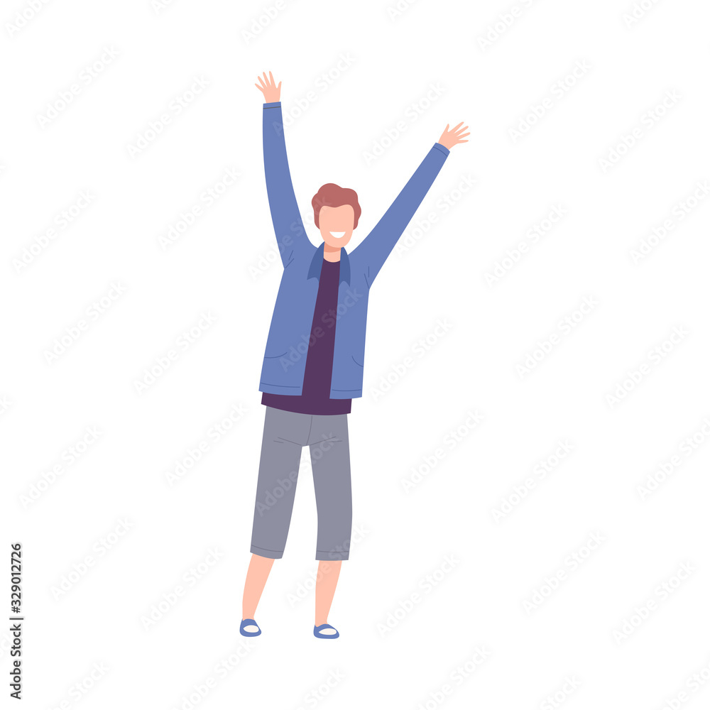 Guy Standing with Raising Hands, Male Character Having Fun or Celebrating Success Flat Vector Illustration Guy Standing with Raising Hands, Male Character Having Fun or Celebrating Success Flat Vector Illustration