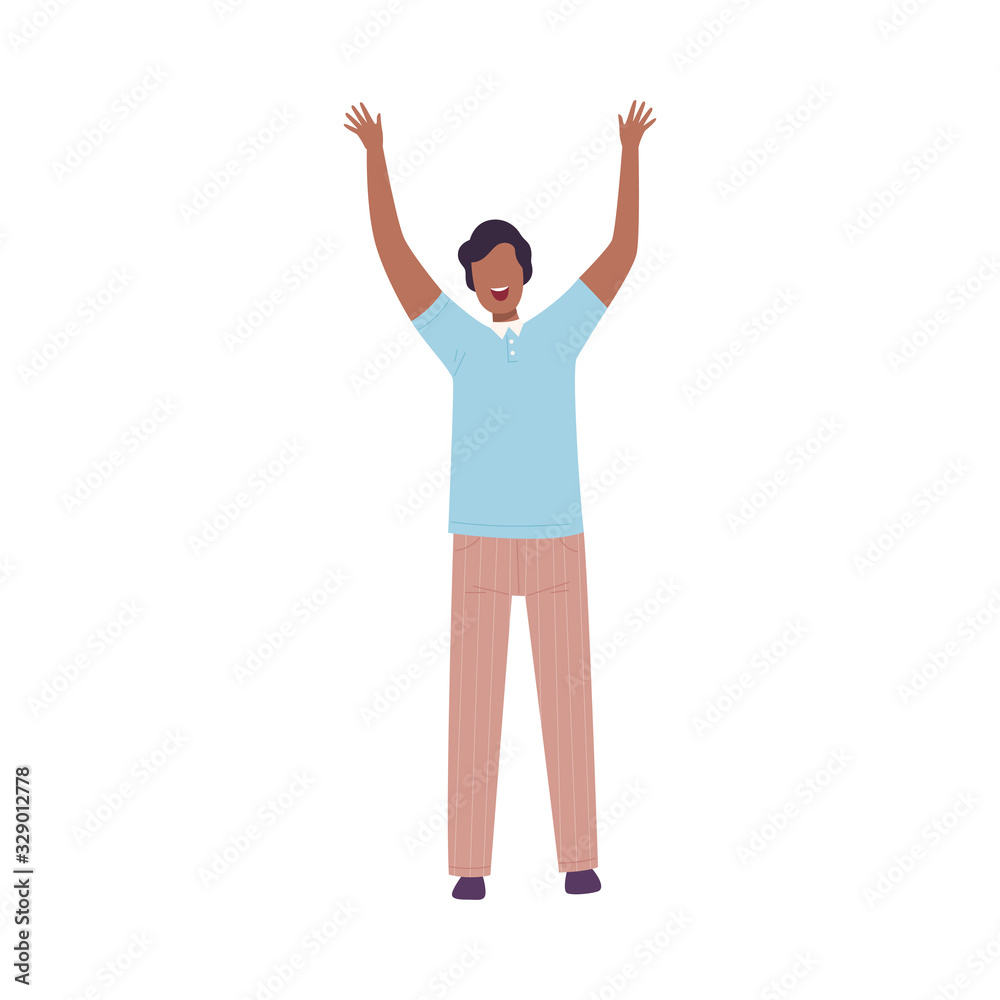 Smiling Man Standing with Raising Hands, Male Character Having Fun or Celebrating Success Flat Vector Illustration Smiling Man Standing with Raising Hands, Male Character Having Fun or Celebrating Success Flat Vector Illustration