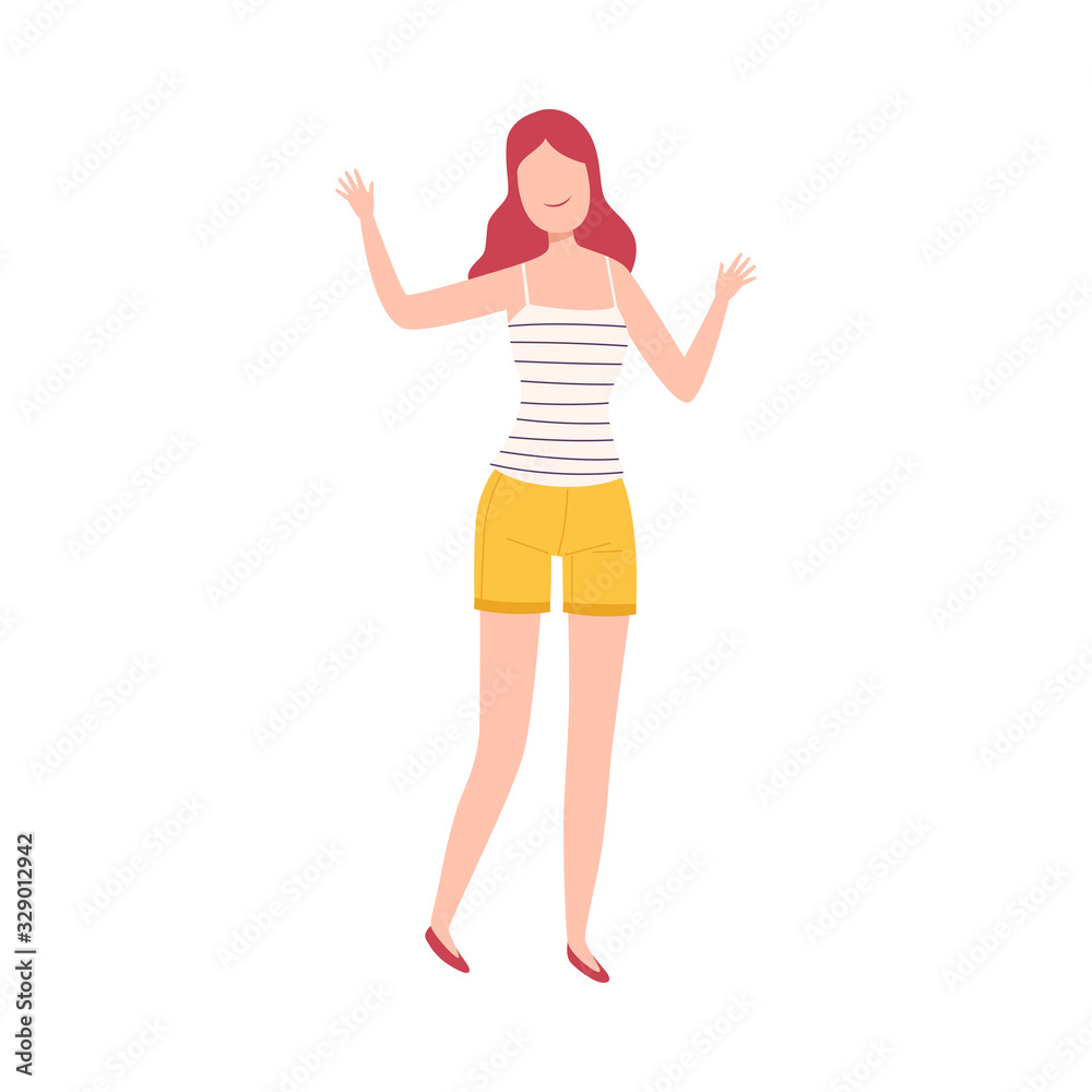 Young Woman in Casual Clothes Standing with Raising Hands, Female Character Dancing, Having Fun or Celebrating Success Flat Vector Illustration Young Woman in Casual Clothes Standing with Raising Hands, Female Character Dancing, Having Fun or Celebrating Success Flat Vector Illustration