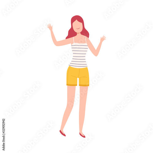 Young Woman in Casual Clothes Standing with Raising Hands, Female Character Dancing, Having Fun or Celebrating Success Flat Vector Illustration