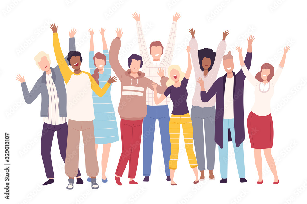 Group of People Standing with Raising Hands, Young Men and Women Having Fun or Celebrating Success Flat Vector Illustration