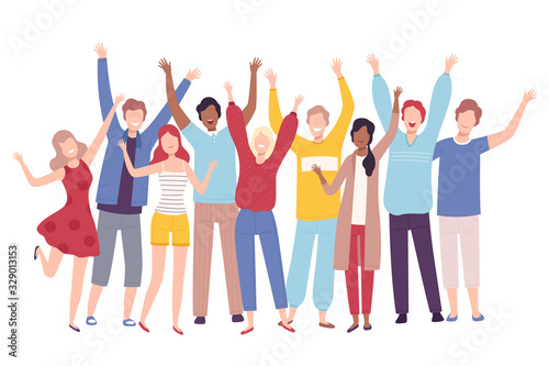 Group of People Standing Together with Raising Hands, Happy Young Men and Women Having Fun or Celebrating Success Flat Vector Illustration