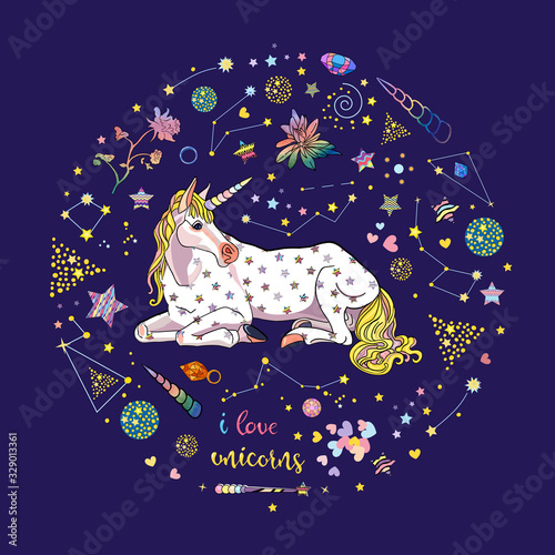 Vector illustration of magic starry unicorn inside circle with constellations, stars, crystals, hearts isolated on blue
